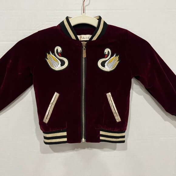 Girl - 2T - Doe a Dear Maroon Velvet Swan Bomber Jacket with Gold Accents - Picture 2 of 4